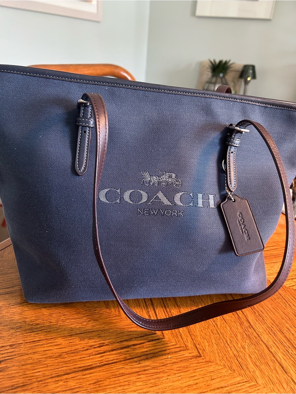 Coach Navy Canvas Tote with Brown Leather Trim